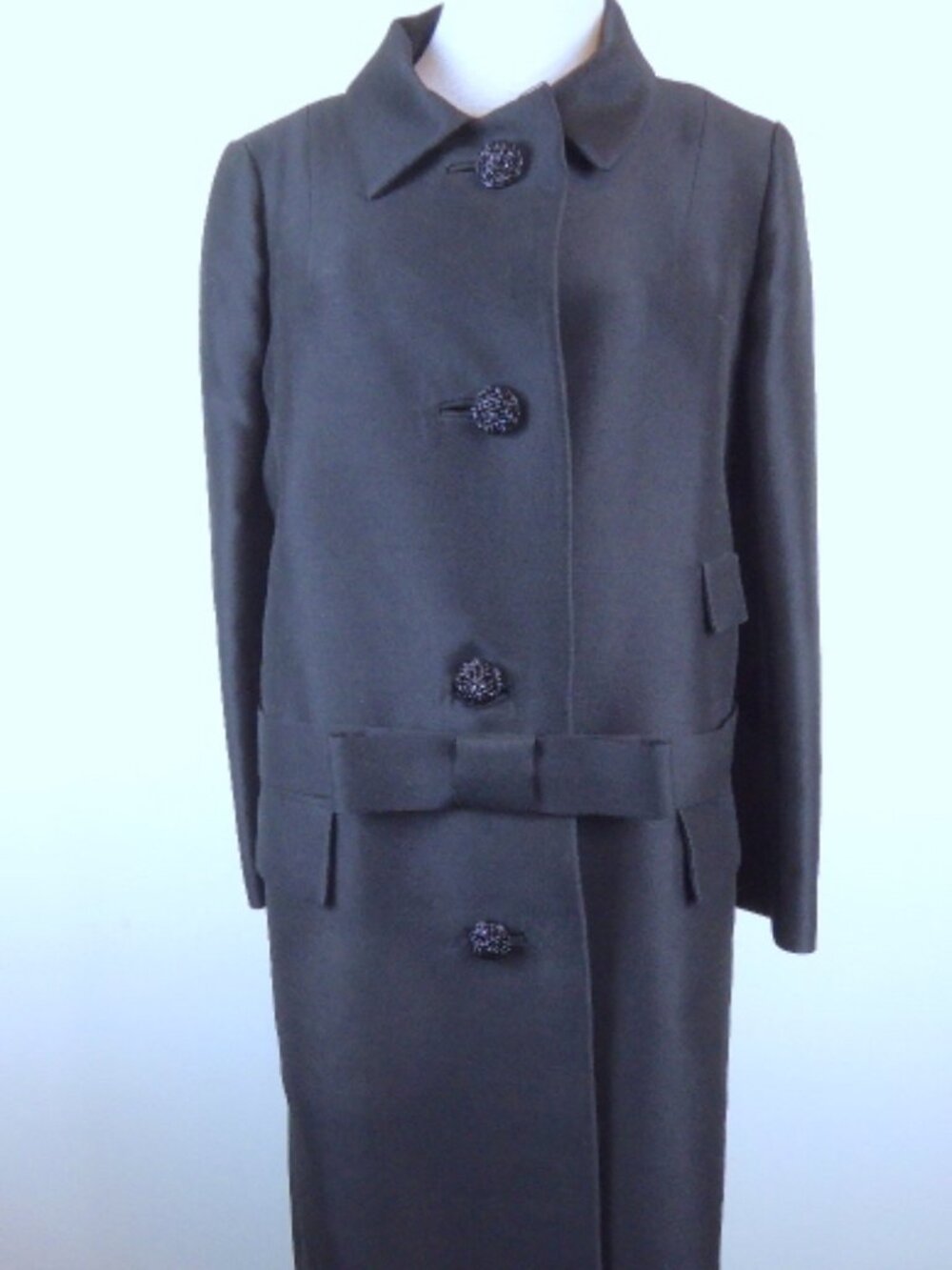 VINTAGE I MAGNIN BLACK dress COAT beaded buttons Beverly Hills 60s so jackie o